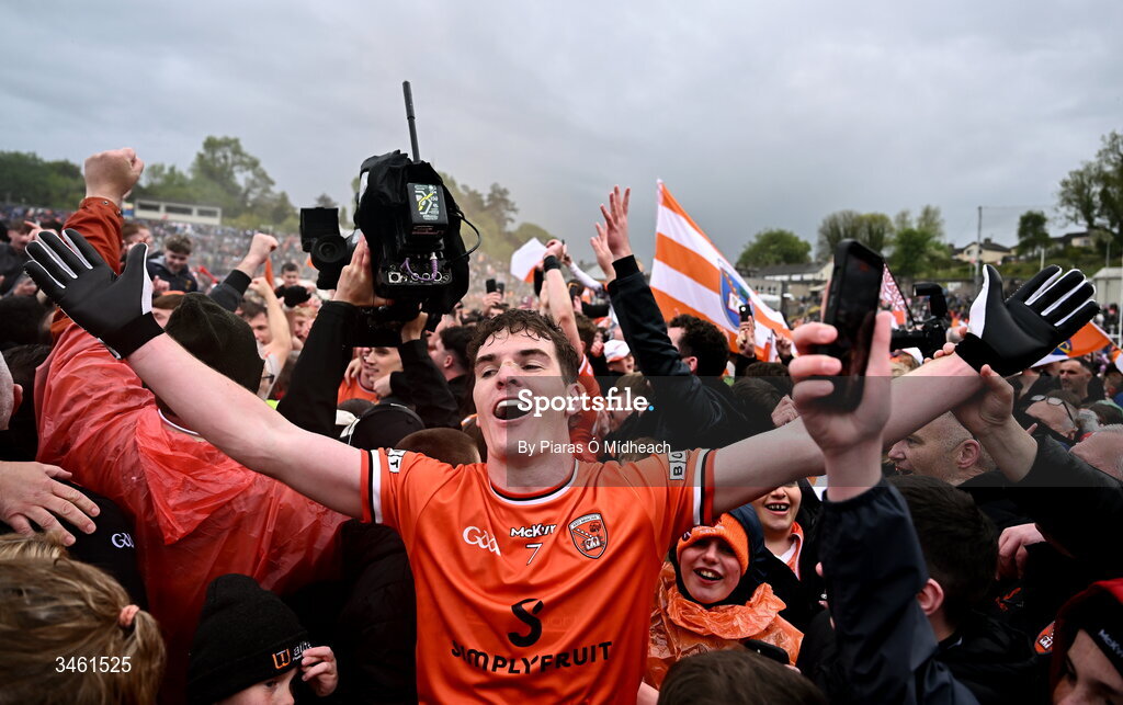 17 May 2026; Jarly Og Burns of Armagh celebrates after the Ulster GAA Football Senior Championship final match between Armagh and Monaghan at St Tiernach's Park in Clones, Monaghan. Photo by Piaras Ó Mídheach/Sportsfile