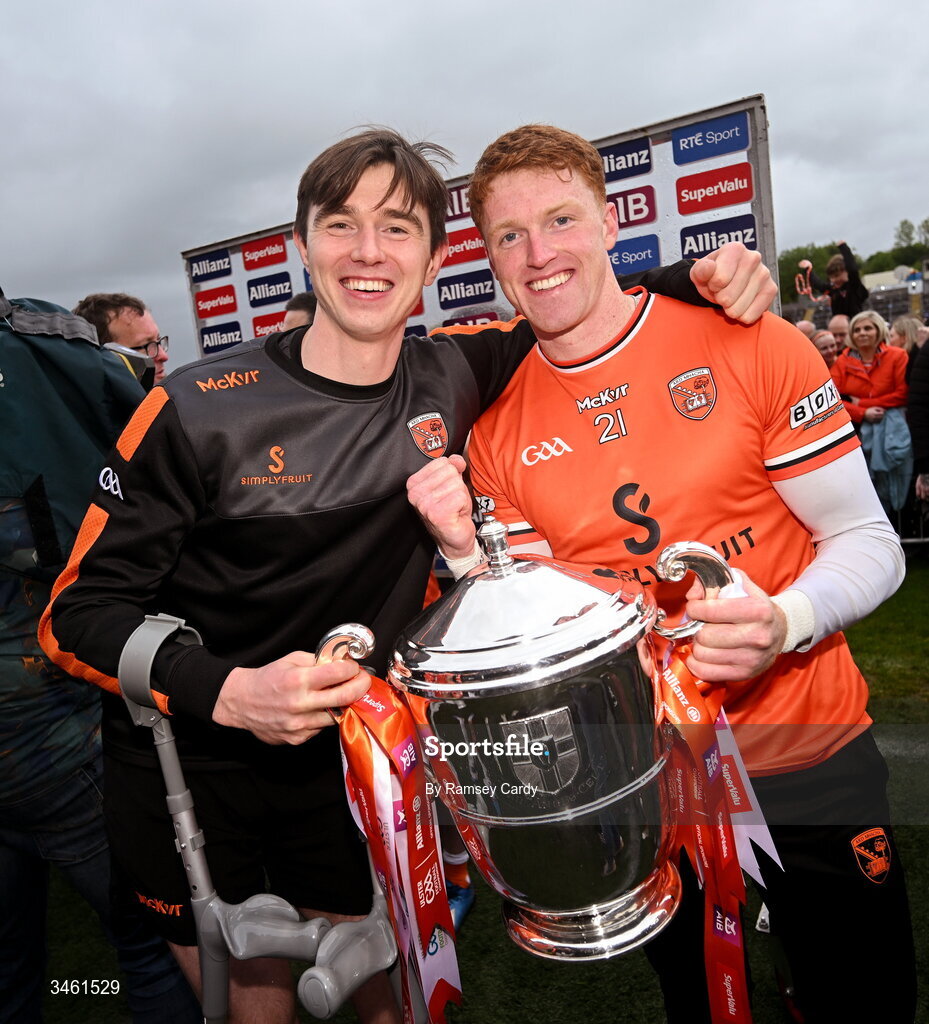 17 May 2026; Ben Crealey, left, and Ciaran Mackin of Armagh with the Anglo Celt Cup after the Ulster GAA Football Senior Championship final match between Armagh and Monaghan at St Tiernach's Park in Clones, Monaghan. Photo by Ramsey Cardy/Sportsfile