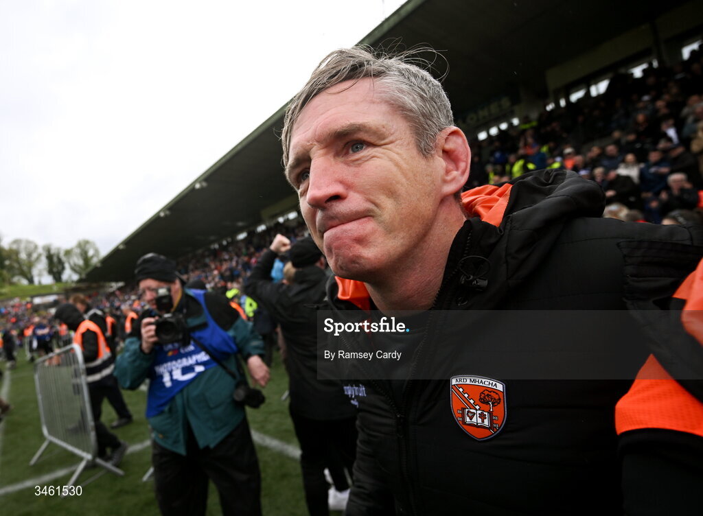 17 May 2026; Armagh manager Kieran McGeeney celebrates at the final whistle of the Ulster GAA Football Senior Championship final match between Armagh and Monaghan at St Tiernach's Park in Clones, Monaghan. Photo by Ramsey Cardy/Sportsfile