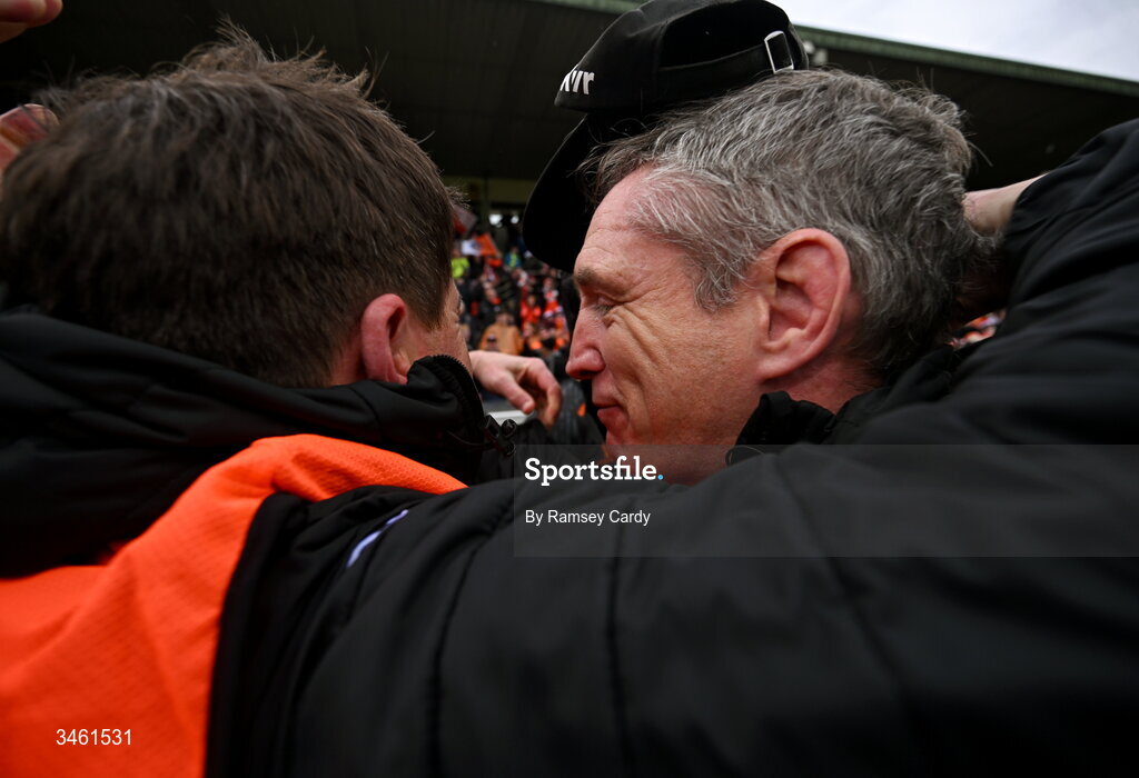 17 May 2026; Armagh manager Kieran McGeeney celebrates at the final whistle of the Ulster GAA Football Senior Championship final match between Armagh and Monaghan at St Tiernach's Park in Clones, Monaghan. Photo by Ramsey Cardy/Sportsfile