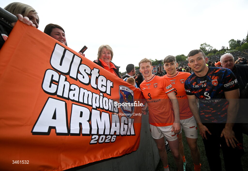 17 May 2026; Armagh players, from left, Conor Turbitt, Andrew Murnin and Ethan Rafferty after the Ulster GAA Football Senior Championship final match between Armagh and Monaghan at St Tiernach's Park in Clones, Monaghan. Photo by Ramsey Cardy/Sportsfile