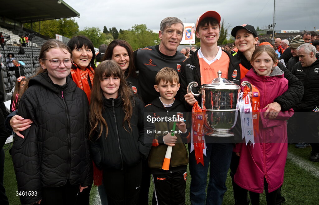 17 May 2026; Armagh manager Kieran McGeeney celebrates with family members after the Ulster GAA Football Senior Championship final match between Armagh and Monaghan at St Tiernach's Park in Clones, Monaghan. Photo by Ramsey Cardy/Sportsfile
