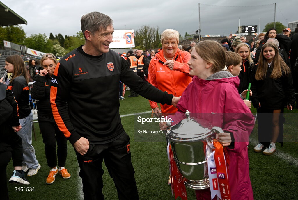 17 May 2026; Armagh manager Kieran McGeeney, with his daughter Leah, after the Ulster GAA Football Senior Championship final match between Armagh and Monaghan at St Tiernach's Park in Clones, Monaghan. Photo by Ramsey Cardy/Sportsfile