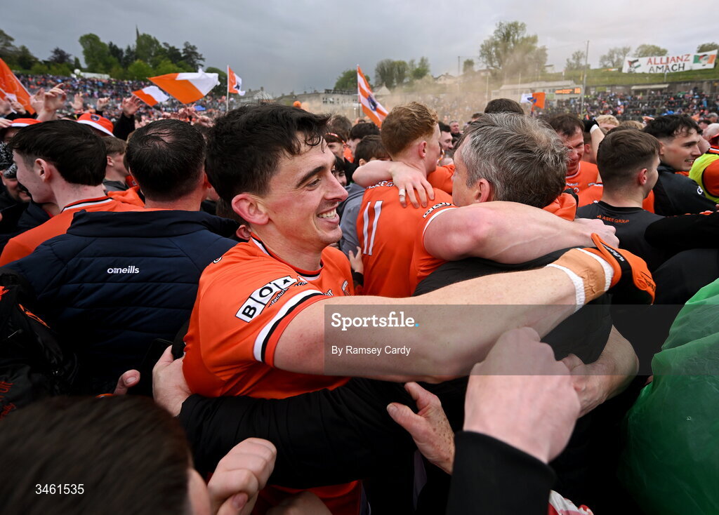 17 May 2026; Rory Grugan of Armagh celebrates with Armagh manager Kieran McGeeney after the Ulster GAA Football Senior Championship final match between Armagh and Monaghan at St Tiernach's Park in Clones, Monaghan. Photo by Ramsey Cardy/Sportsfile