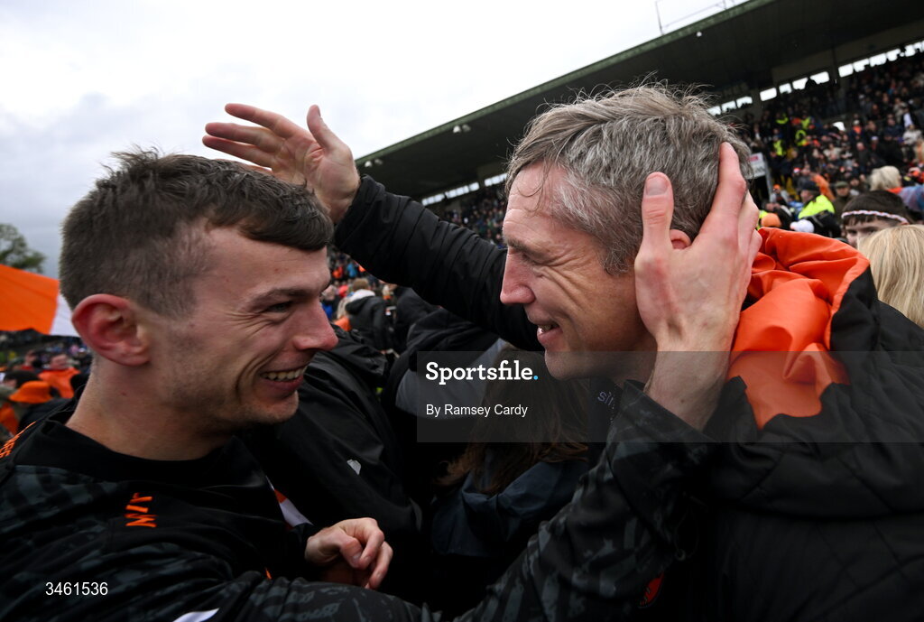 17 May 2026; Armagh manager Kieran McGeeney celebrates with Ethan Rafferty after the Ulster GAA Football Senior Championship final match between Armagh and Monaghan at St Tiernach's Park in Clones, Monaghan. Photo by Ramsey Cardy/Sportsfile