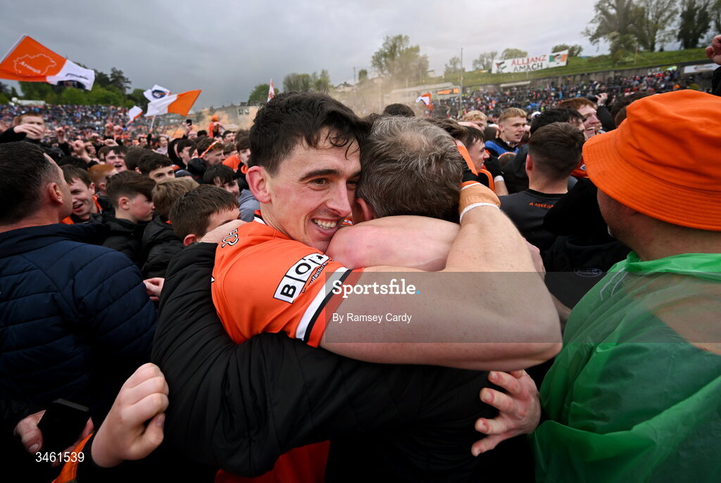 17 May 2026; Rory Grugan of Armagh celebrates with Armagh manager Kieran McGeeney after the Ulster GAA Football Senior Championship final match between Armagh and Monaghan at St Tiernach's Park in Clones, Monaghan. Photo by Ramsey Cardy/Sportsfile