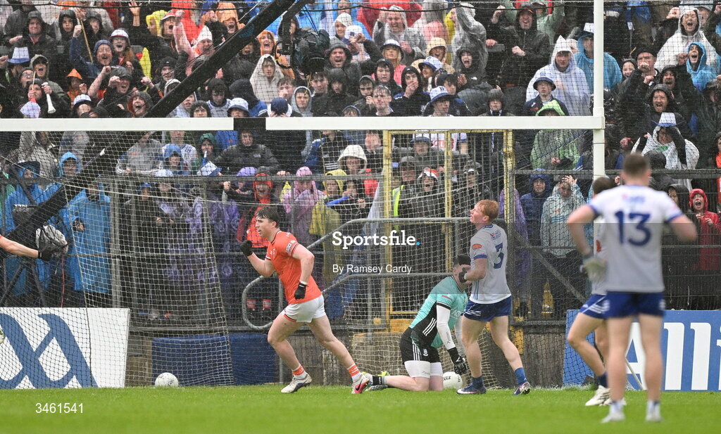 17 May 2026; Tiernan Kelly of Armagh celebrates after scoring his side's first goal during the Ulster GAA Football Senior Championship final match between Armagh and Monaghan at St Tiernach's Park in Clones, Monaghan. Photo by Ramsey Cardy/Sportsfile