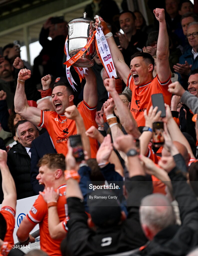 17 May 2026; Armagh's Aidan Forker, left, and Aaron McKay lift the Anglo Celt Cup after the Ulster GAA Football Senior Championship final match between Armagh and Monaghan at St Tiernach's Park in Clones, Monaghan. Photo by Ramsey Cardy/Sportsfile