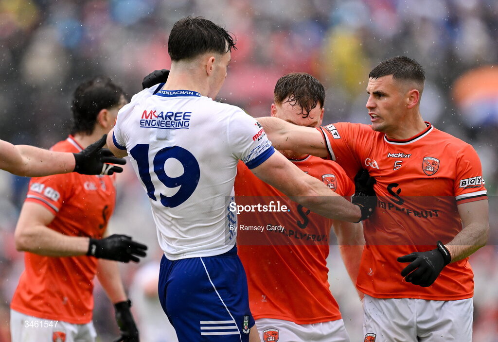 17 May 2026; Bobby McCaul of Monaghan tussles with Greg McCabe of Armagh during the Ulster GAA Football Senior Championship final match between Armagh and Monaghan at St Tiernach's Park in Clones, Monaghan. Photo by Ramsey Cardy/Sportsfile