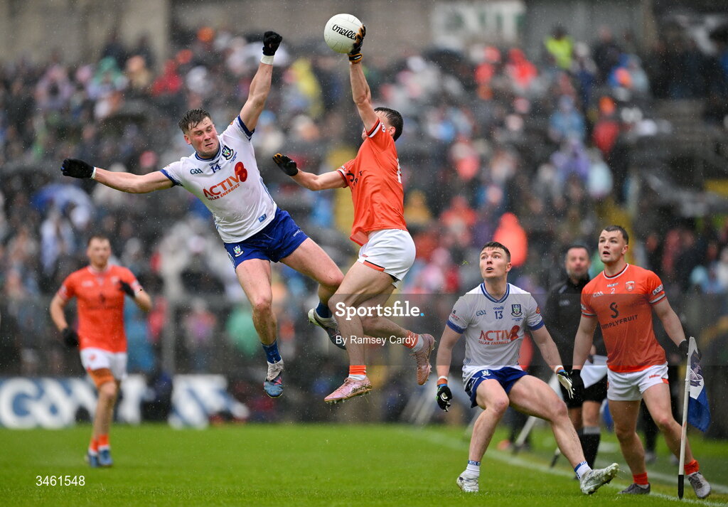 17 May 2026; Darragh McMullan of Armagh and Andrew Woods of Monaghan during the Ulster GAA Football Senior Championship final match between Armagh and Monaghan at St Tiernach's Park in Clones, Monaghan. Photo by Ramsey Cardy/Sportsfile