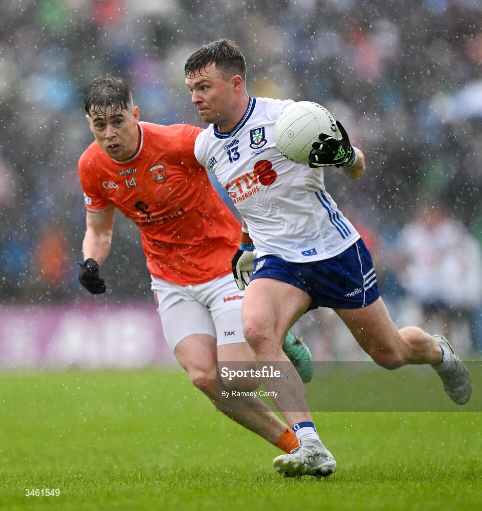 17 May 2026; Conor McCarthy of Monaghan in action against Andrew Murnin of Armagh during the Ulster GAA Football Senior Championship final match between Armagh and Monaghan at St Tiernach's Park in Clones, Monaghan. Photo by Ramsey Cardy/Sportsfile