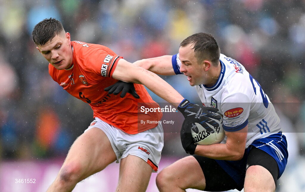 17 May 2026; Jack McCarron of Monaghan in action against Gareth Murphy of Armagh during the Ulster GAA Football Senior Championship final match between Armagh and Monaghan at St Tiernach's Park in Clones, Monaghan. Photo by Ramsey Cardy/Sportsfile