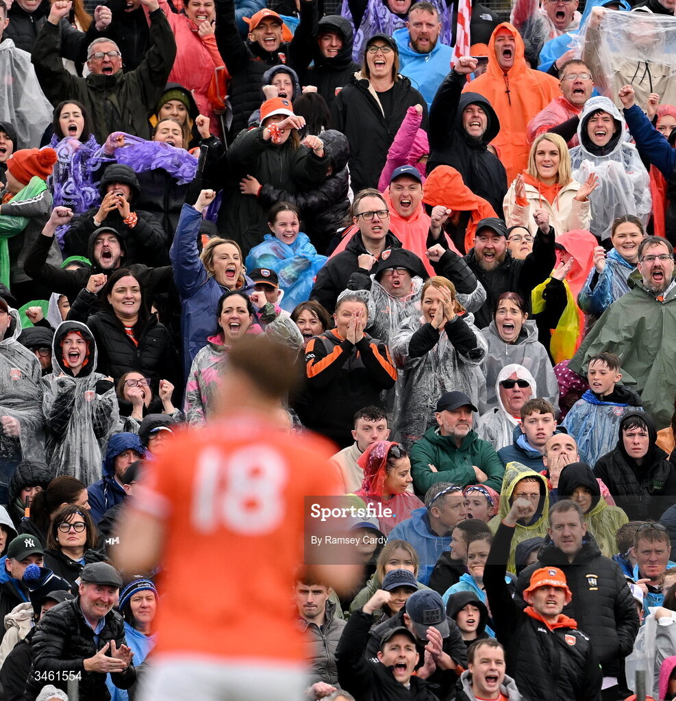 17 May 2026; Armagh supporters celebrate their side's second goal, scored by Oisin O'Neill, during the Ulster GAA Football Senior Championship final match between Armagh and Monaghan at St Tiernach's Park in Clones, Monaghan. Photo by Ramsey Cardy/Sportsfile