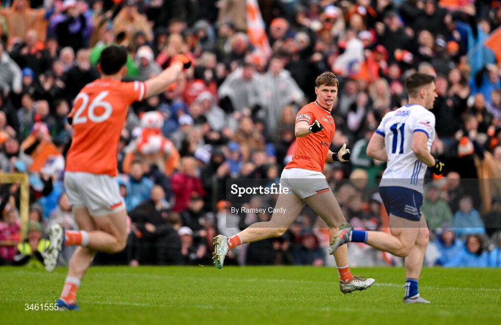 17 May 2026; Oisin O'Neill of Armagh celebrates after scoring his side's second goal during the Ulster GAA Football Senior Championship final match between Armagh and Monaghan at St Tiernach's Park in Clones, Monaghan. Photo by Ramsey Cardy/Sportsfile