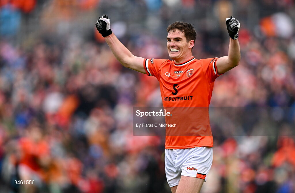 17 May 2026; Jarly Óg Burns of Armagh celebrates after his side's victory in the Ulster GAA Football Senior Championship final match between Armagh and Monaghan at St Tiernach's Park in Clones, Monaghan. Photo by Piaras Ó Mídheach/Sportsfile