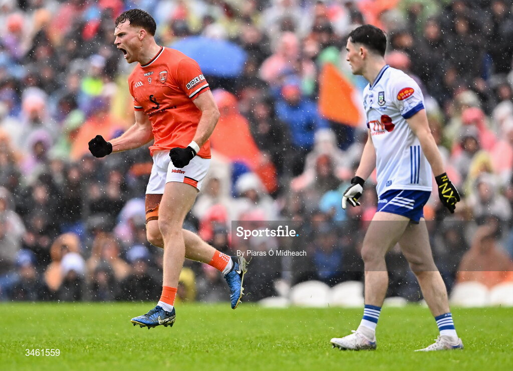 17 May 2026; Jason Duffy of Armagh celebrates a score during the Ulster GAA Football Senior Championship final match between Armagh and Monaghan at St Tiernach's Park in Clones, Monaghan. Photo by Piaras Ó Mídheach/Sportsfile