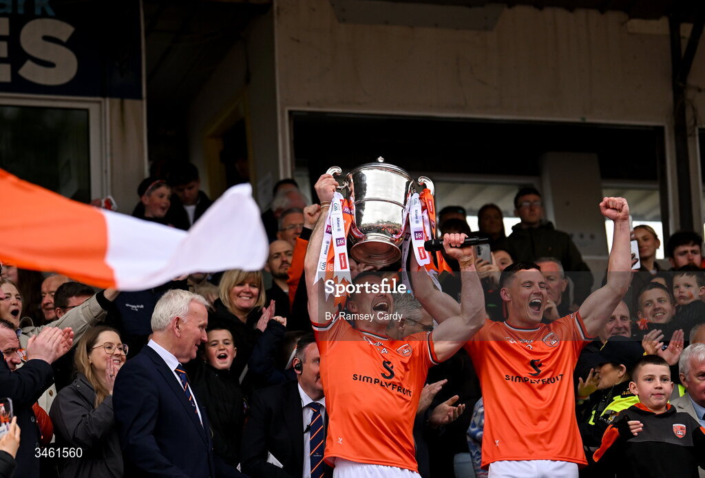 17 May 2026; Armagh's Aidan Forker, left, and Aaron McKay lift the Anglo Celt Cup after the Ulster GAA Football Senior Championship final match between Armagh and Monaghan at St Tiernach's Park in Clones, Monaghan. Photo by Ramsey Cardy/Sportsfile