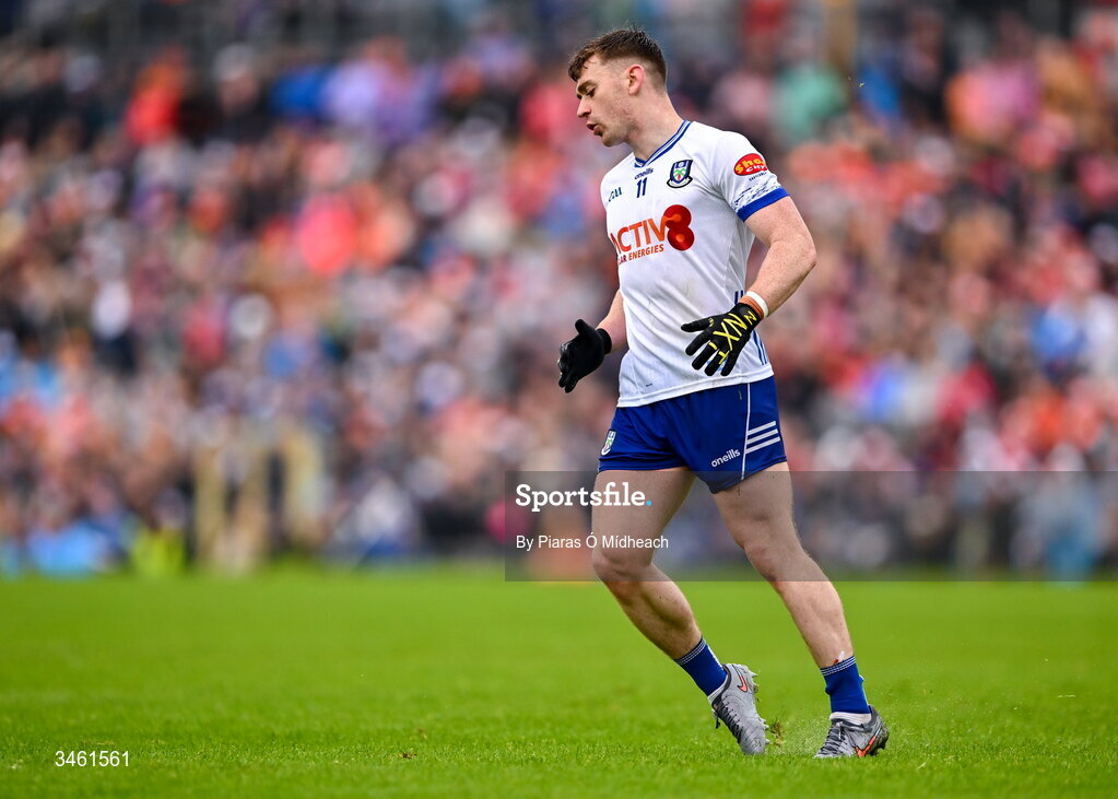 17 May 2026; Míchéal Bannigan of Monaghan reacts after a missed chance during the Ulster GAA Football Senior Championship final match between Armagh and Monaghan at St Tiernach's Park in Clones, Monaghan. Photo by Piaras Ó Mídheach/Sportsfile