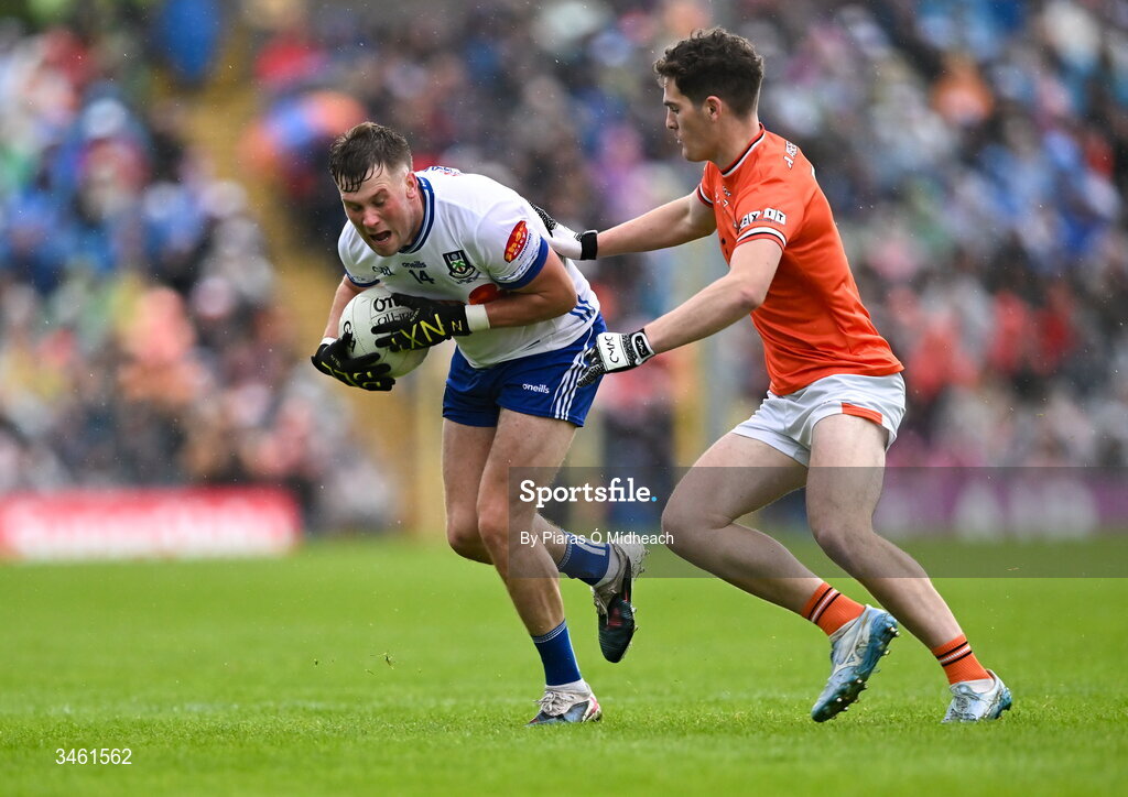 17 May 2026; Andrew Woods of Monaghan in action against Jarly Óg Burns of Armagh during the Ulster GAA Football Senior Championship final match between Armagh and Monaghan at St Tiernach's Park in Clones, Monaghan. Photo by Piaras Ó Mídheach/Sportsfile