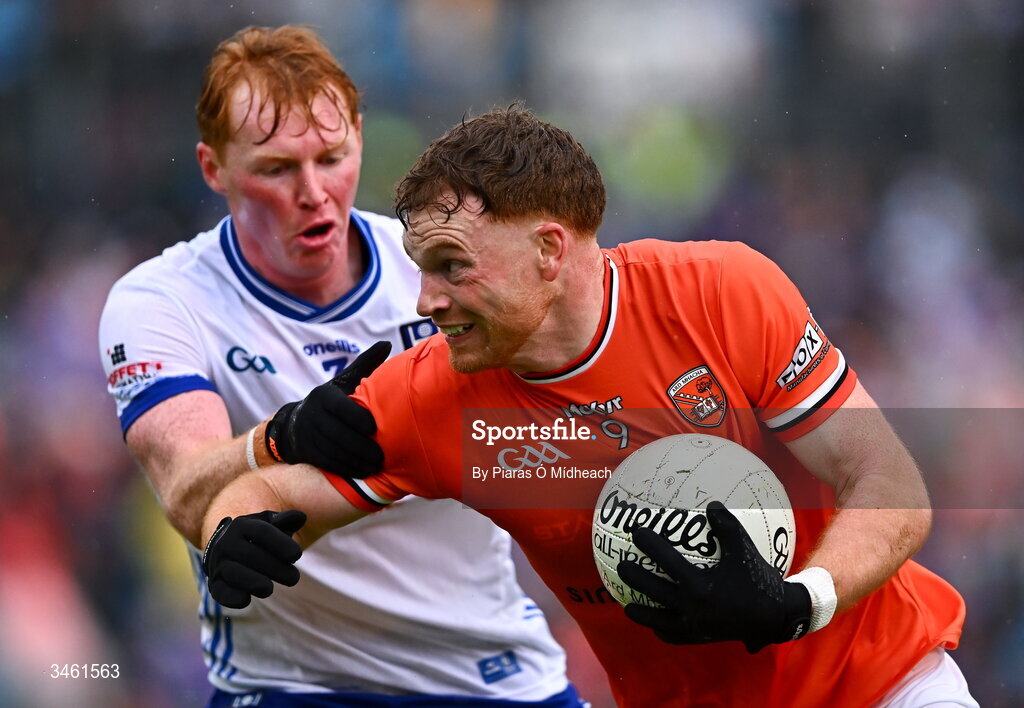 17 May 2026; Jason Duffy of Armagh in action against Ryan O'Toole of Monaghan during the Ulster GAA Football Senior Championship final match between Armagh and Monaghan at St Tiernach's Park in Clones, Monaghan. Photo by Piaras Ó Mídheach/Sportsfile