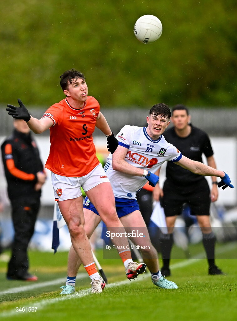 17 May 2026; Tiernan Kelly of Armagh in action against Aaron Carey of Monaghan during the Ulster GAA Football Senior Championship final match between Armagh and Monaghan at St Tiernach's Park in Clones, Monaghan. Photo by Piaras Ó Mídheach/Sportsfile