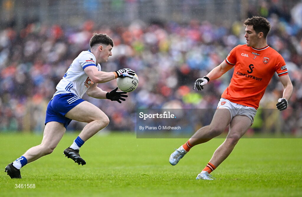 17 May 2026; Stephen O'Hanlon of Monaghan gets away from Jarly Óg Burns of Armagh during the Ulster GAA Football Senior Championship final match between Armagh and Monaghan at St Tiernach's Park in Clones, Monaghan. Photo by Piaras Ó Mídheach/Sportsfile