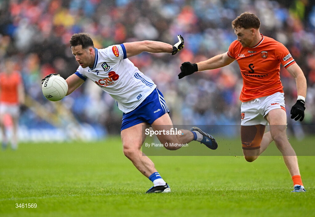 17 May 2026; Dessie Ward of Monaghan in action against Jason Duffy of Armagh during the Ulster GAA Football Senior Championship final match between Armagh and Monaghan at St Tiernach's Park in Clones, Monaghan. Photo by Piaras Ó Mídheach/Sportsfile