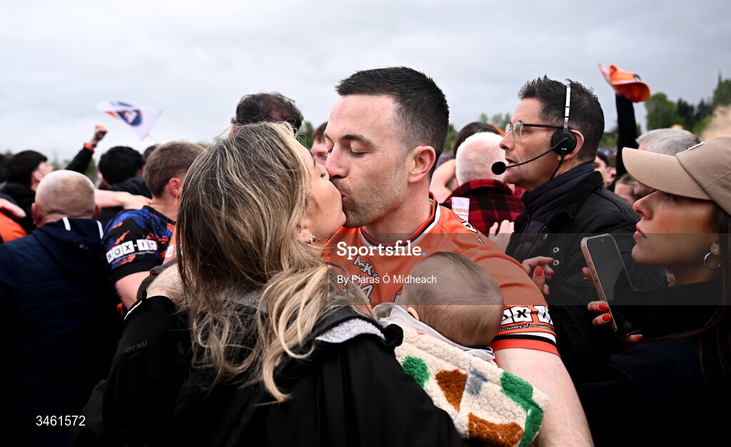 17 May 2026; Armagh captain Aidan Forker kisses his wife Eimear after his side's victory in the Ulster GAA Football Senior Championship final match between Armagh and Monaghan at St Tiernach's Park in Clones, Monaghan. Photo by Piaras Ó Mídheach/Sportsfile