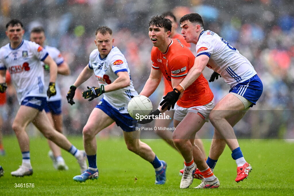 17 May 2026; Tiernan Kelly of Armagh in action against Míchéal McCarville of Monaghan during the Ulster GAA Football Senior Championship final match between Armagh and Monaghan at St Tiernach's Park in Clones, Monaghan. Photo by Piaras Ó Mídheach/Sportsfile