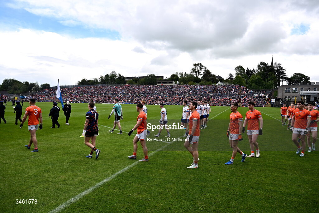 17 May 2026; Both teams in the parade before the Ulster GAA Football Senior Championship final match between Armagh and Monaghan at St Tiernach's Park in Clones, Monaghan. Photo by Piaras Ó Mídheach/Sportsfile