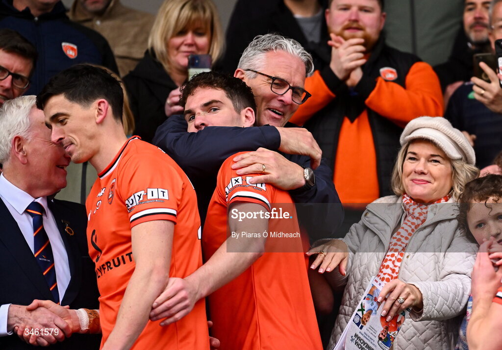 17 May 2026; Uachtarán Chumann Lúthchleas Gael Jarlath Burns and his wife Suzanne congratulate their son Jarly Óg Burns of Armagh after victory in the Ulster GAA Football Senior Championship final match between Armagh and Monaghan at St Tiernach's Park in Clones, Monaghan. Photo by Piaras Ó Mídheach/Sportsfile