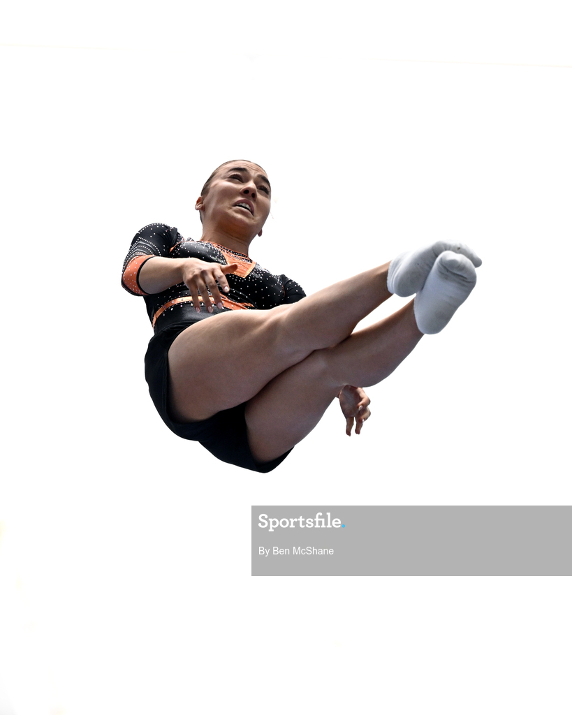 17 May 2026; Laoise Fox competes in the Trampoline event during the Gymnastics Ireland National Series Sport Ireland National Indoor Arena on the Sport Ireland Campus in Dublin. Photo by Ben McShane/Sportsfile