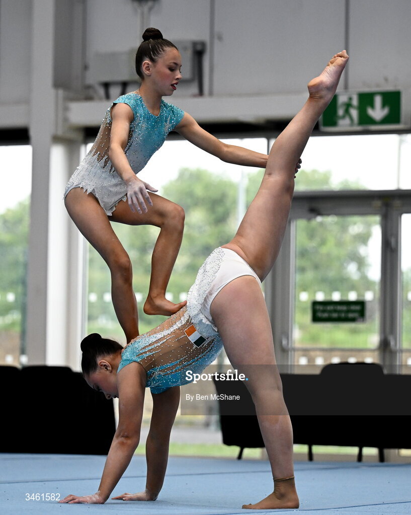 17 May 2026; Madison Summers and Sophia Whelan of Wexford Gymnastics Club competes in the Acrobatic Floor event during the Gymnastics Ireland National Series Sport Ireland National Indoor Arena on the Sport Ireland Campus in Dublin. Photo by Ben McShane/Sportsfile
