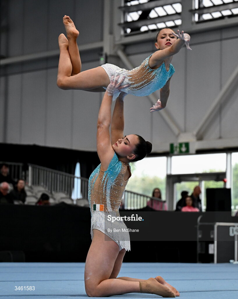 17 May 2026; Madison Summers and Sophia Whelan of Wexford Gymnastics Club competes in the Acrobatic Floor event during the Gymnastics Ireland National Series Sport Ireland National Indoor Arena on the Sport Ireland Campus in Dublin. Photo by Ben McShane/Sportsfile