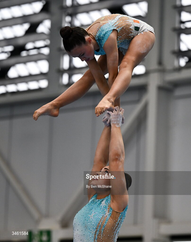 17 May 2026; Emily McCarthy and Ava Guiney of Cork Acrobatics Club competes in the Acrobatic Floor event during the Gymnastics Ireland National Series Sport Ireland National Indoor Arena on the Sport Ireland Campus in Dublin. Photo by Ben McShane/Sportsfile