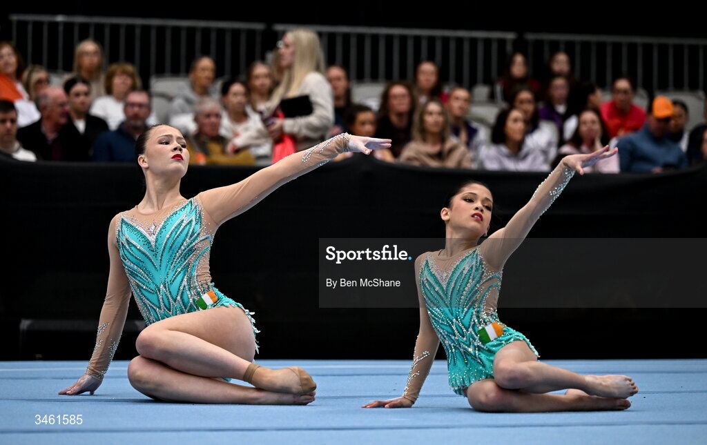 17 May 2026; Emily McCarthy and Ava Guiney of Cork Acrobatics Club competes in the Acrobatic Floor event during the Gymnastics Ireland National Series Sport Ireland National Indoor Arena on the Sport Ireland Campus in Dublin. Photo by Ben McShane/Sportsfile