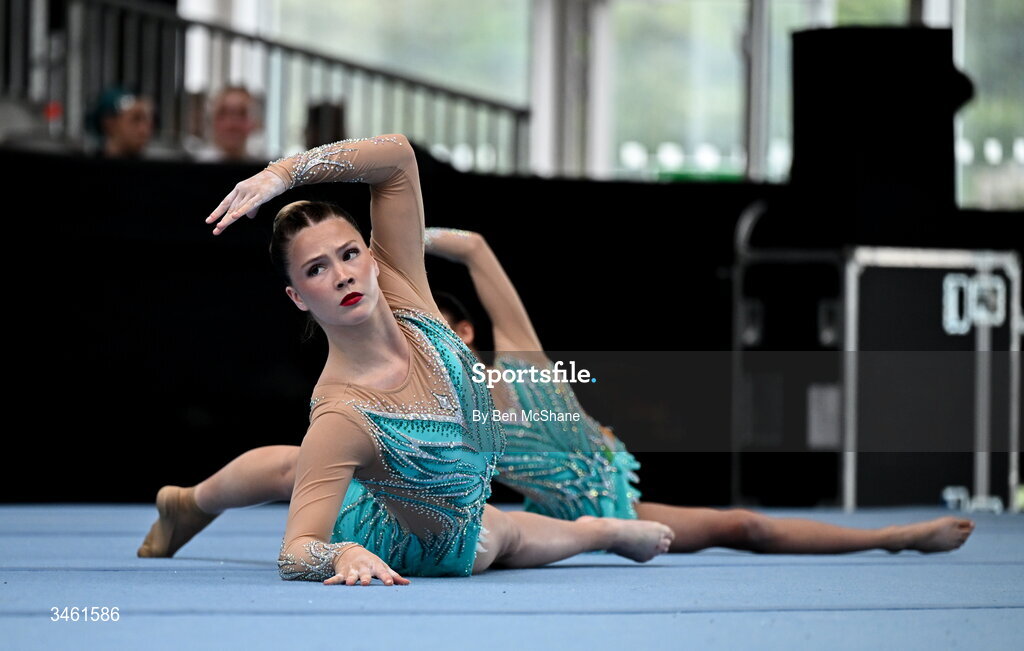 17 May 2026; Emily McCarthy and Ava Guiney of Cork Acrobatics Club competes in the Acrobatic Floor event during the Gymnastics Ireland National Series Sport Ireland National Indoor Arena on the Sport Ireland Campus in Dublin. Photo by Ben McShane/Sportsfile