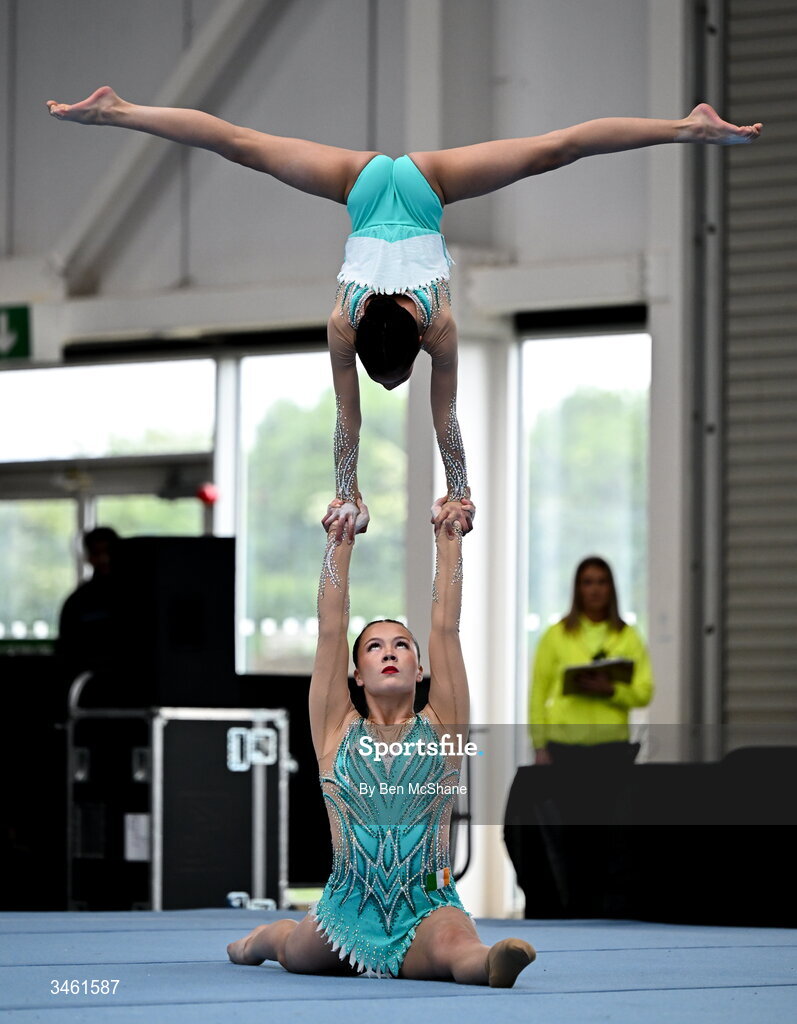 17 May 2026; Emily McCarthy and Ava Guiney of Cork Acrobatics Club competes in the Acrobatic Floor event during the Gymnastics Ireland National Series Sport Ireland National Indoor Arena on the Sport Ireland Campus in Dublin. Photo by Ben McShane/Sportsfile