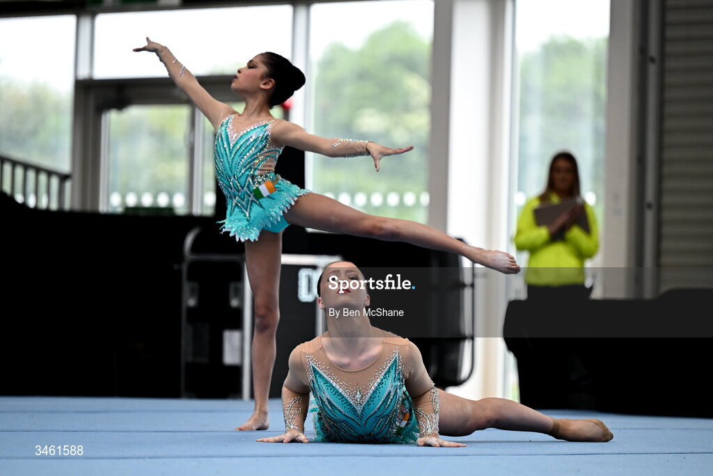 17 May 2026; Emily McCarthy and Ava Guiney of Cork Acrobatics Club competes in the Acrobatic Floor event during the Gymnastics Ireland National Series Sport Ireland National Indoor Arena on the Sport Ireland Campus in Dublin. Photo by Ben McShane/Sportsfile