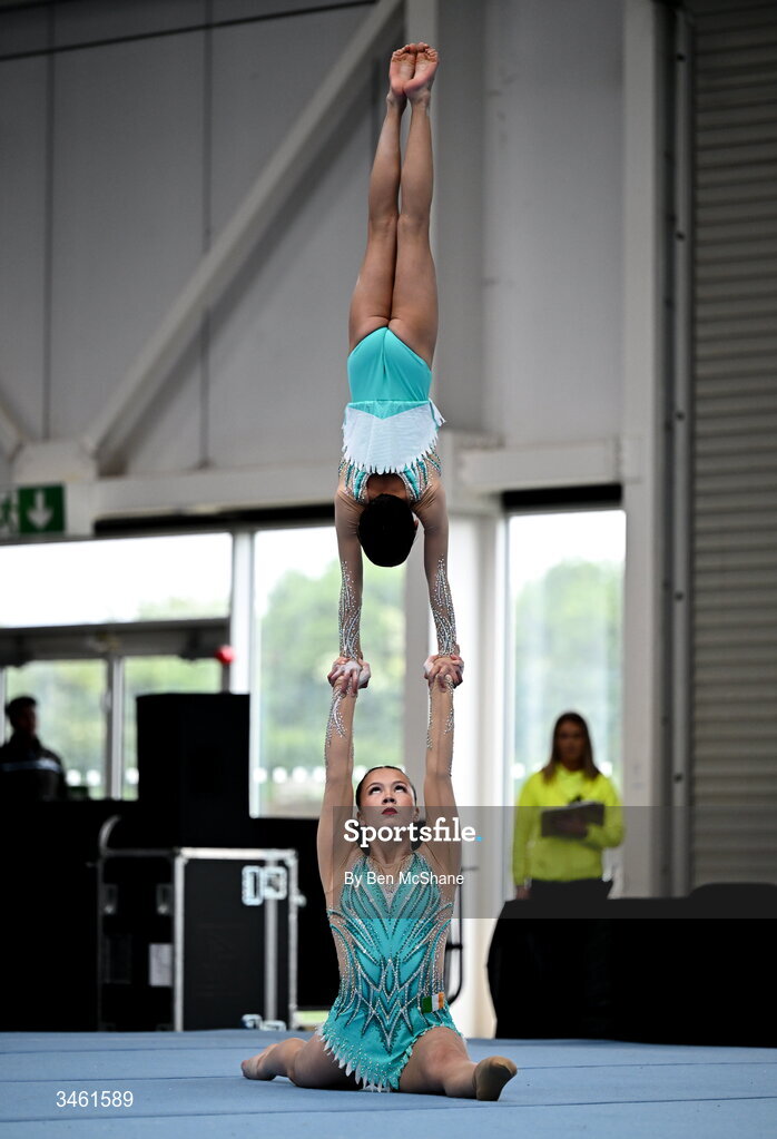 17 May 2026; Emily McCarthy and Ava Guiney of Cork Acrobatics Club competes in the Acrobatic Floor event during the Gymnastics Ireland National Series Sport Ireland National Indoor Arena on the Sport Ireland Campus in Dublin. Photo by Ben McShane/Sportsfile