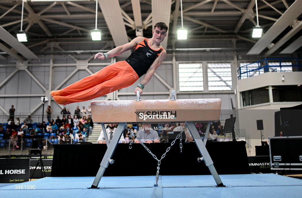 17 May 2026; James Hickey competes in the Pommel Horse event during the Gymnastics Ireland National Series Sport Ireland National Indoor Arena on the Sport Ireland Campus in Dublin. Photo by Ben McShane/Sportsfile