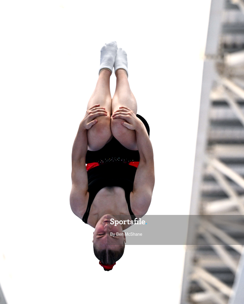 17 May 2026; Fionnoula Mulholland competes in the Trampoline event during the Gymnastics Ireland National Series Sport Ireland National Indoor Arena on the Sport Ireland Campus in Dublin. Photo by Ben McShane/Sportsfile