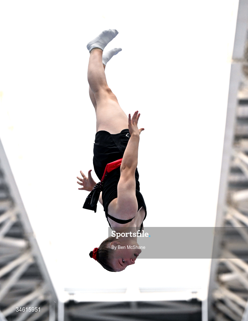 17 May 2026; Fionnoula Mulholland competes in the Trampoline event during the Gymnastics Ireland National Series Sport Ireland National Indoor Arena on the Sport Ireland Campus in Dublin. Photo by Ben McShane/Sportsfile