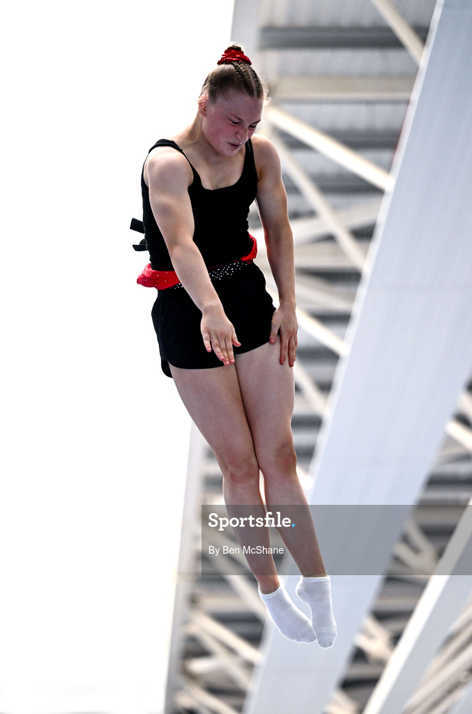 17 May 2026; Fionnoula Mulholland competes in the Trampoline event during the Gymnastics Ireland National Series Sport Ireland National Indoor Arena on the Sport Ireland Campus in Dublin. Photo by Ben McShane/Sportsfile