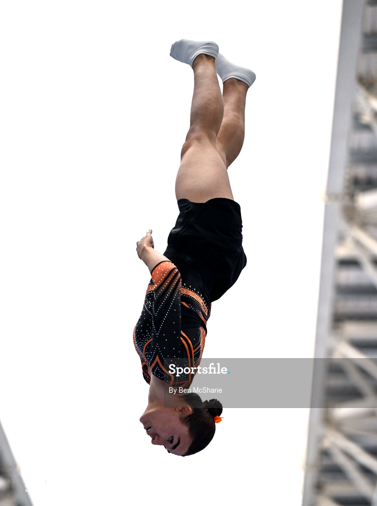 17 May 2026; Laoise Fox competes in the Trampoline event during the Gymnastics Ireland National Series Sport Ireland National Indoor Arena on the Sport Ireland Campus in Dublin. Photo by Ben McShane/Sportsfile