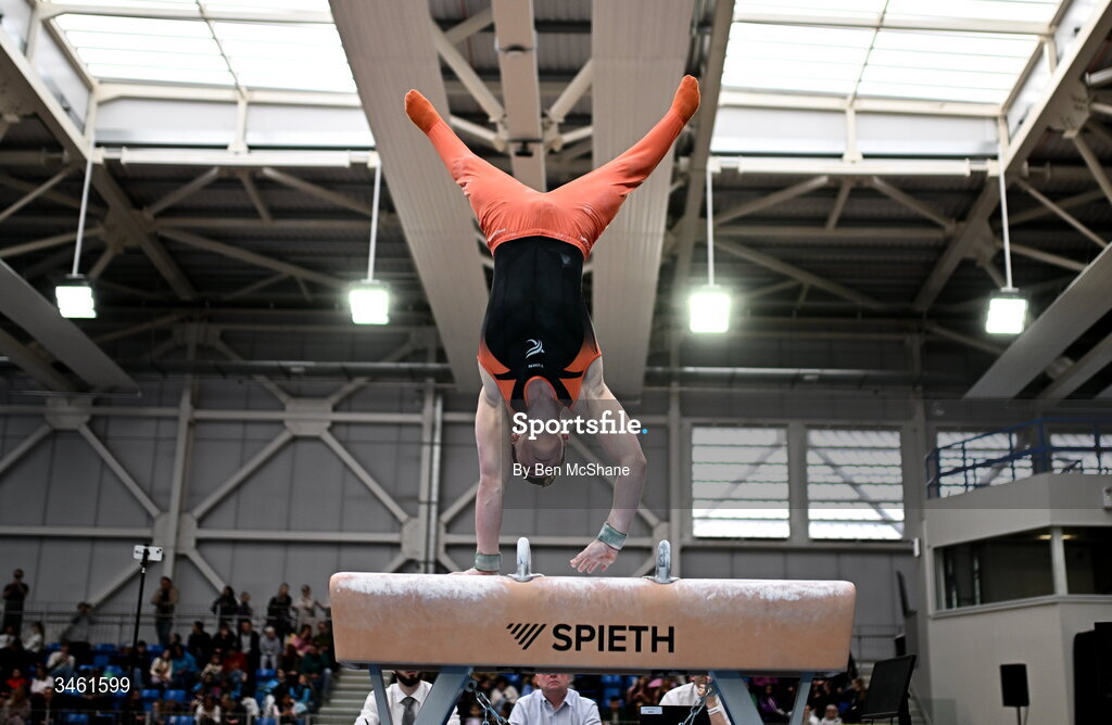 17 May 2026; James Hickey competes in the Pommel Horse event during the Gymnastics Ireland National Series Sport Ireland National Indoor Arena on the Sport Ireland Campus in Dublin. Photo by Ben McShane/Sportsfile