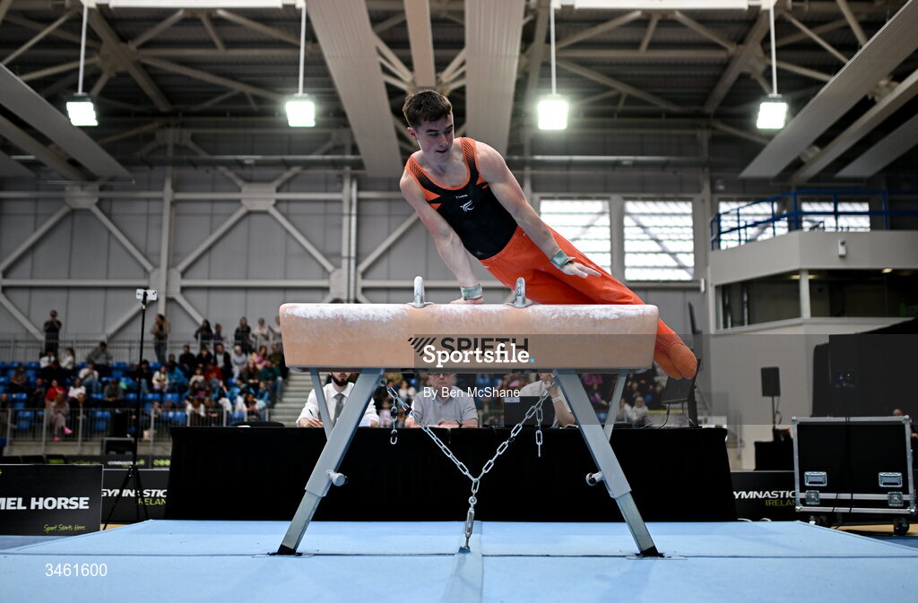 17 May 2026; James Hickey competes in the Pommel Horse event during the Gymnastics Ireland National Series Sport Ireland National Indoor Arena on the Sport Ireland Campus in Dublin. Photo by Ben McShane/Sportsfile