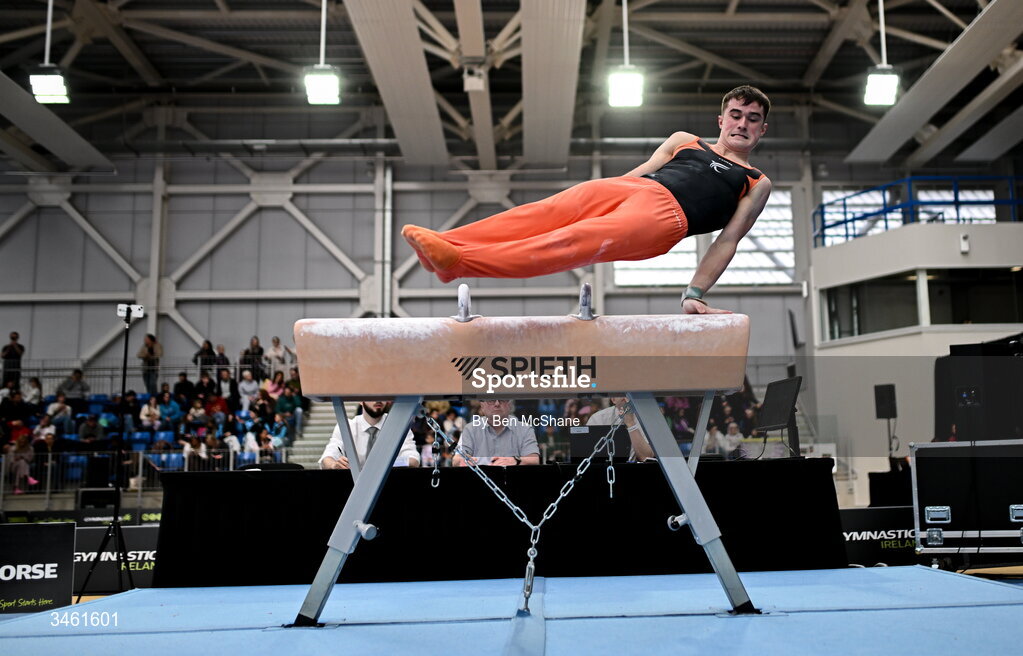 17 May 2026; James Hickey competes in the Pommel Horse event during the Gymnastics Ireland National Series Sport Ireland National Indoor Arena on the Sport Ireland Campus in Dublin. Photo by Ben McShane/Sportsfile