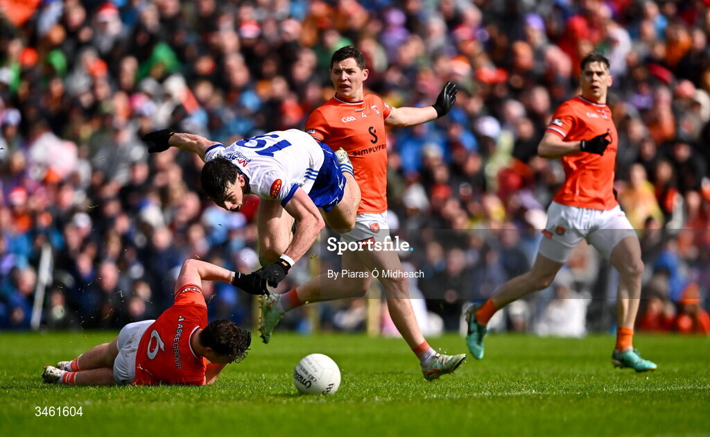 17 May 2026; Bobby McCaul of Monaghan in action against Tiernan Kelly of Armagh during the Ulster GAA Football Senior Championship final match between Armagh and Monaghan at St Tiernach's Park in Clones, Monaghan. Photo by Piaras Ó Mídheach/Sportsfile