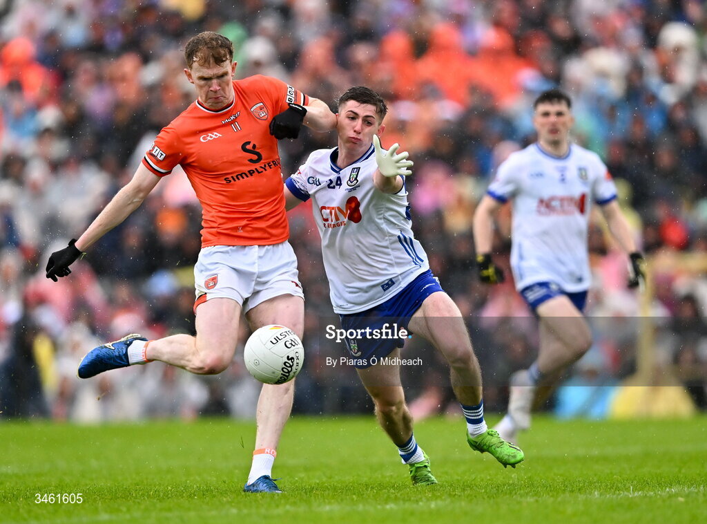 17 May 2026; Conor Turbitt of Armagh in action against Oisin McGorman of Monaghan during the Ulster GAA Football Senior Championship final match between Armagh and Monaghan at St Tiernach's Park in Clones, Monaghan. Photo by Piaras Ó Mídheach/Sportsfile